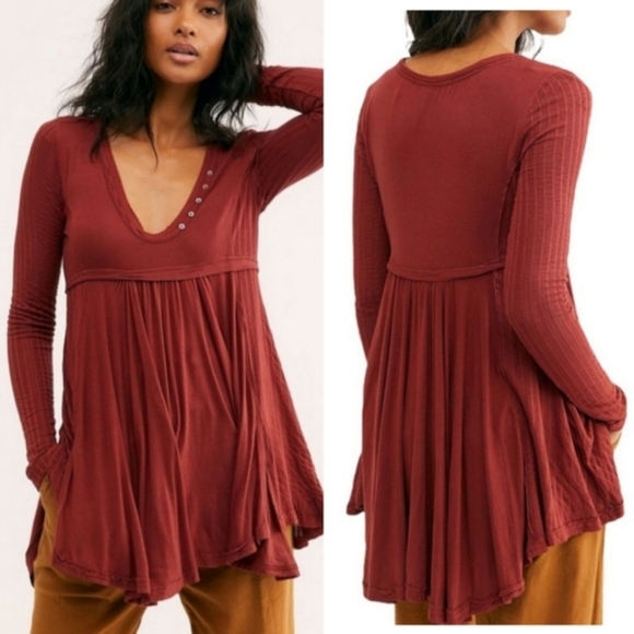 Free People Birdie Henley Top in Cowboy Flowy Tunic Top Brick Red Small - Picture 2 of 13
